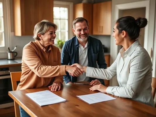 Three people signing paperwork over a kitchen table